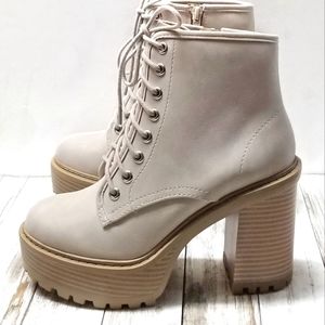 New Beige Sand Platform Lace Up Lug Combat Boots Block Heel Ankle Booties